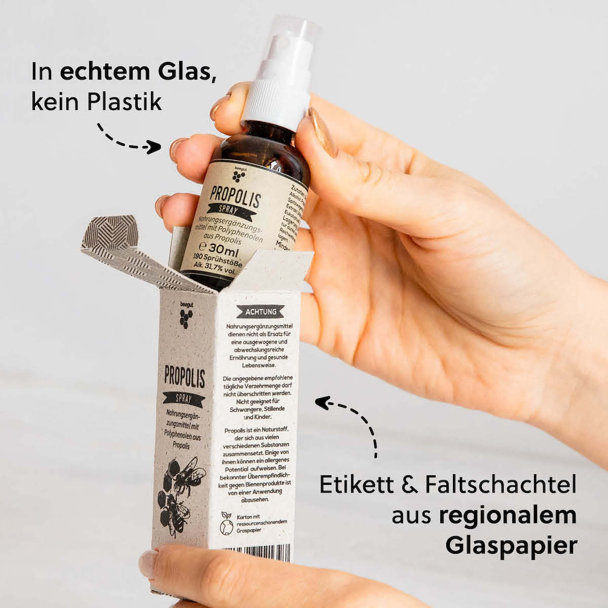 Nachhaltige Verpackung=>Die Verpackung ist aus Glas (keine Plastikdose), Etikett & Faltschachtel aus ressourcenschonendem & regionalem Graspapier.