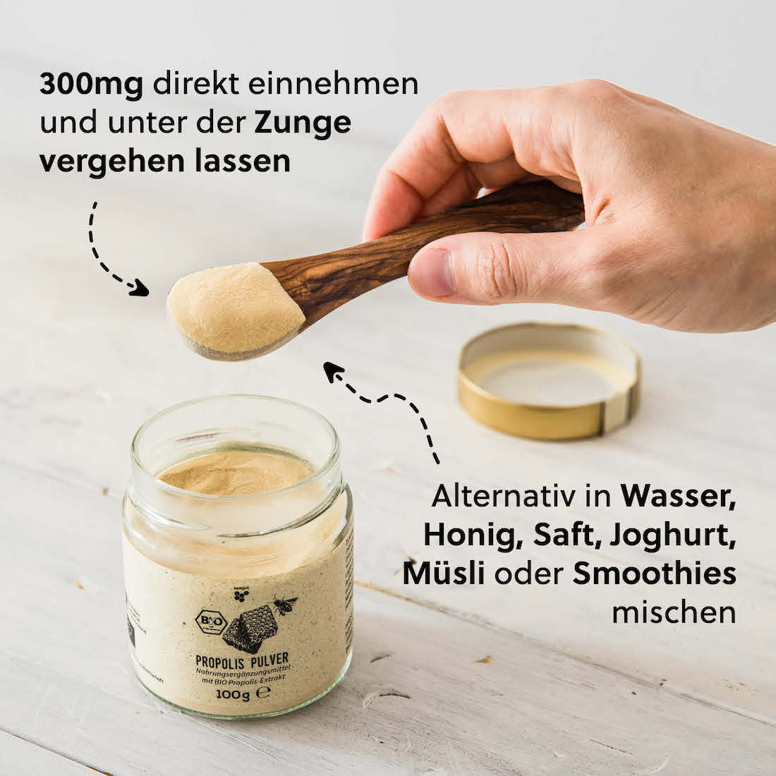Praktische Einnahme=>Wir empfehlen eine tägliche Verzehrmenge von 300mg. Achtung: Nicht in heiße Getränke mischen (über 40°C), da Hitze empfindliche Enzyme zerstören kann.