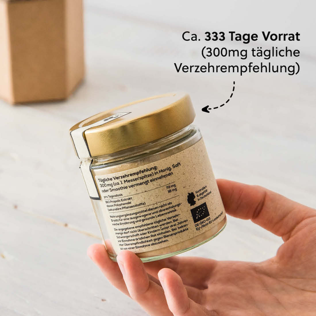 Lange Haltbarkeit=>Durch die Trocknung und Pulverisierung ist das Propolis Pulver besonders lange haltbar und optimal vor äußeren Einflüssen geschützt.