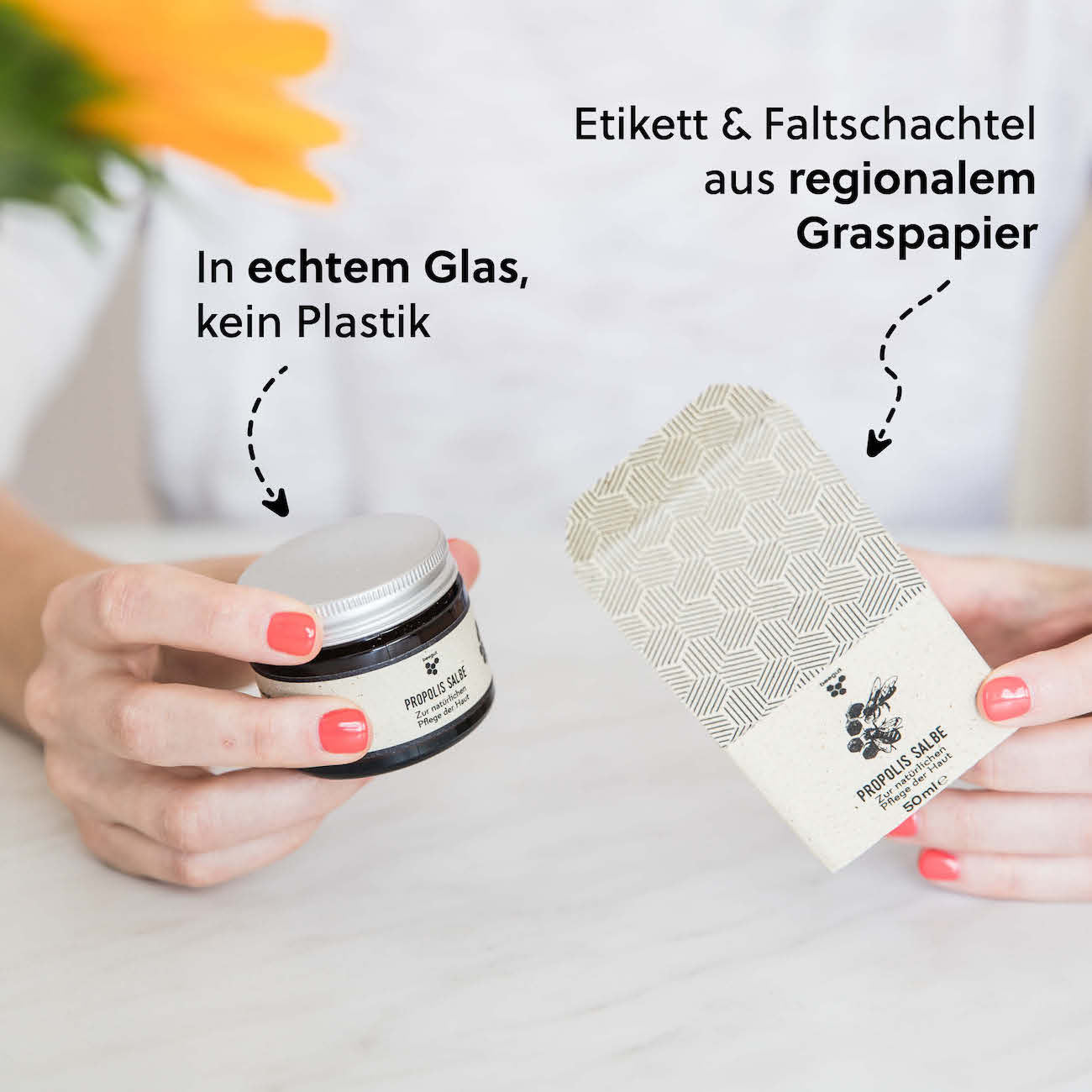 Nachhaltige Verpackung=>Die Verpackung ist aus Glas (keine Plastikdose), Etikett & Faltschachtel aus ressourcenschonendem & regionalem Graspapier.