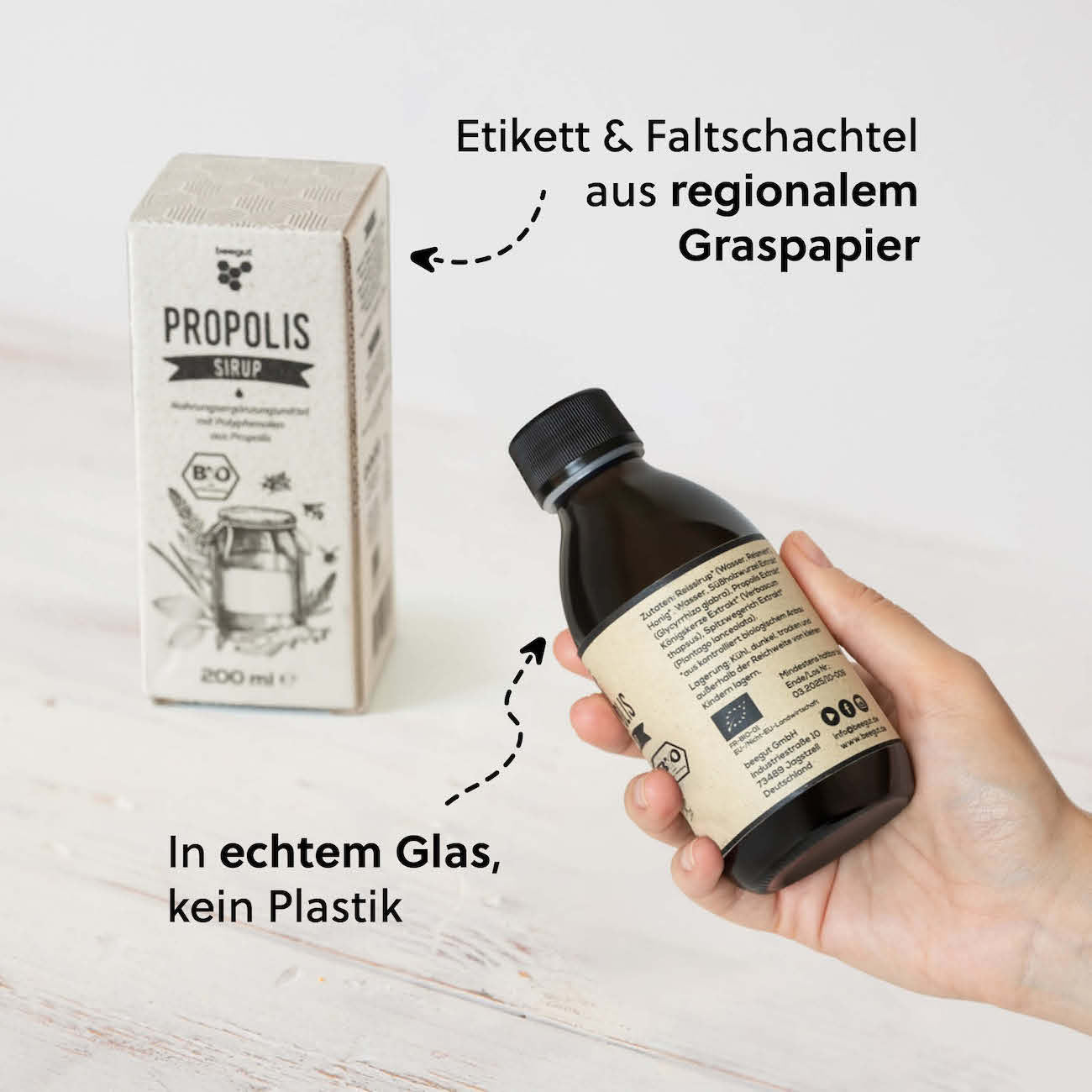 Nachhaltige Verpackung - Die Verpackung ist aus Glas (keine Plastikflasche), Etikett & Faltschachtel aus ressourcenschonendem & regionalem Graspapier.