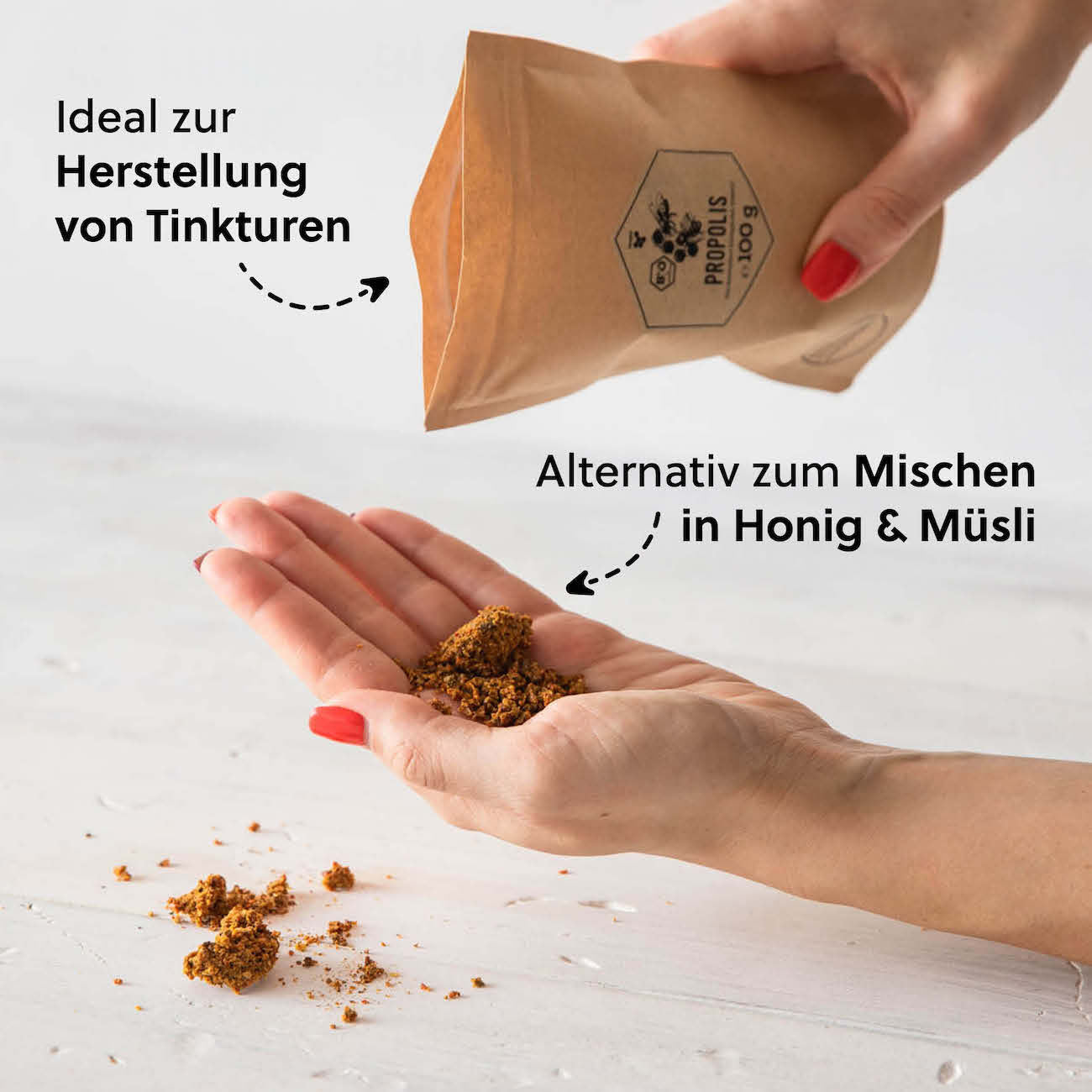 Vielseitige Anwendung=>Mit rohem Propolis lassen sich vielseitige Produkte wie Tinkturen, Salben oder Mundspülungen selbst herstellen oder es kann in seiner ursprünglichen Form verwendet werden, etwa zum Kauen oder zur Weiterverarbeitung.