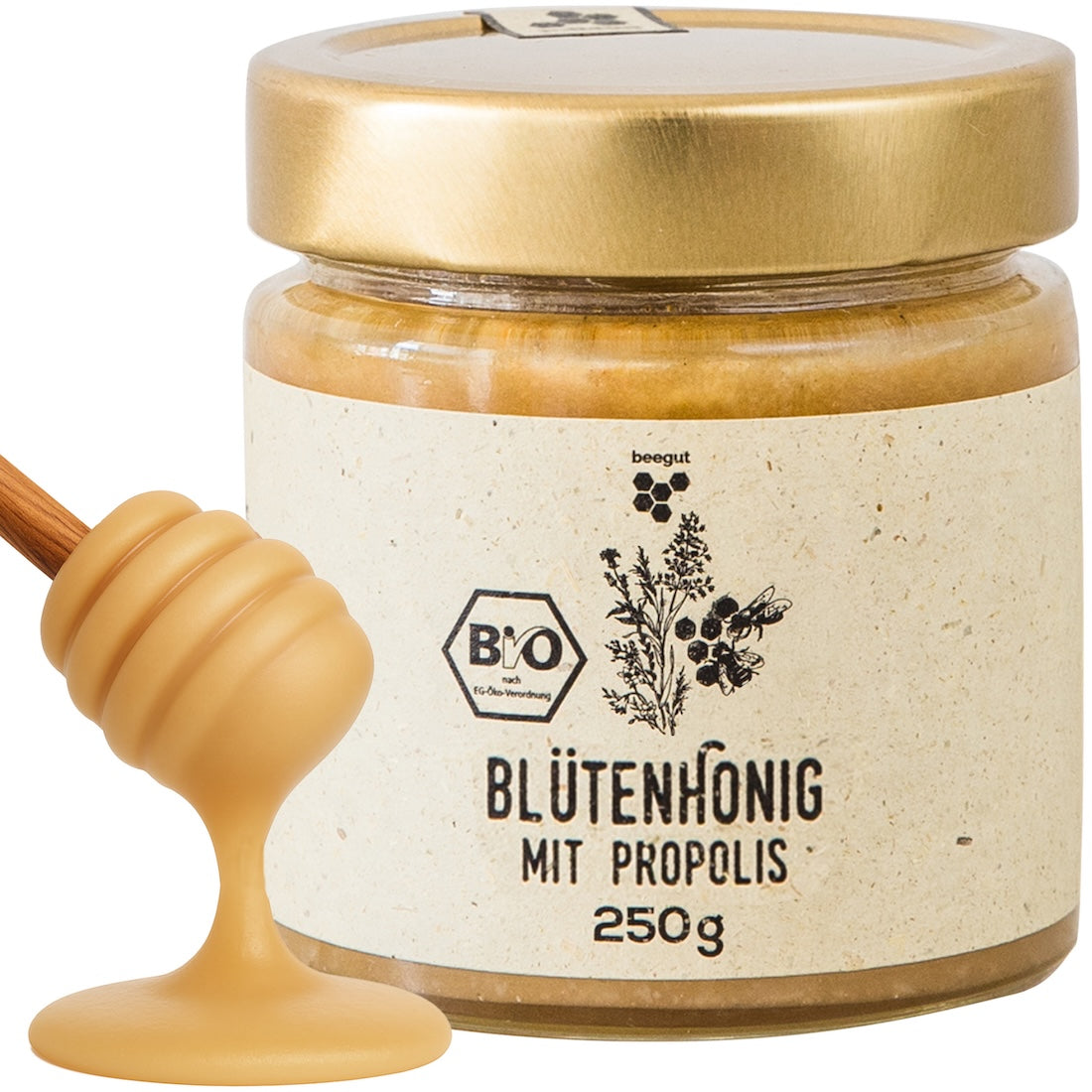 Bio Honig x Bio Propolis=>Sowohl Honig als auch Propolis sind zwei geschätzte Bienenprodukte, die sich gemeinsam ergänzen. Unser Sommerblütenhonig enthält 2 Prozent gemahlenes Roh-Propolis, beides aus kontrolliert biologischer Imkerei.
