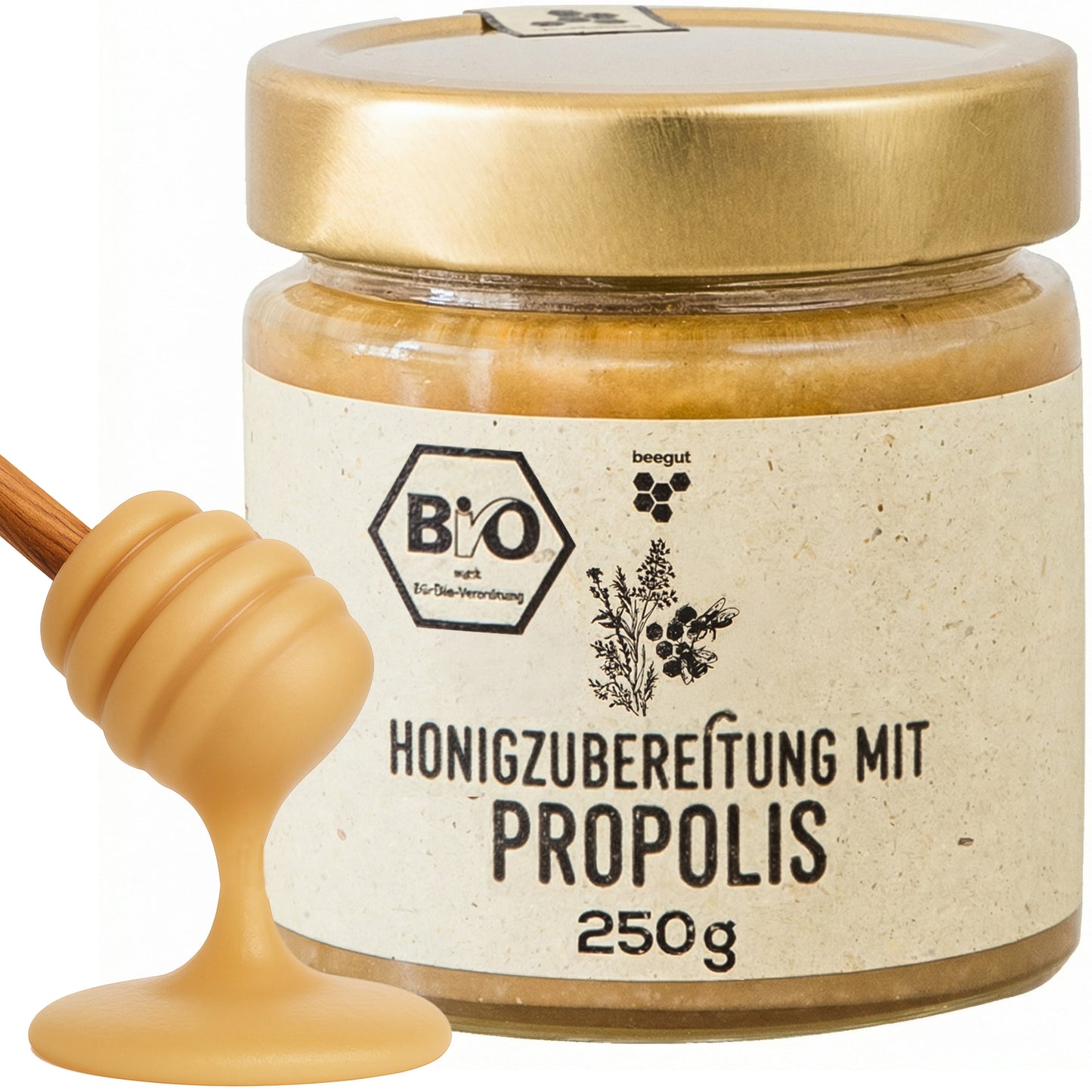 Bio Honig x Bio Propolis=>Sowohl Honig als auch Propolis sind zwei geschätzte Bienenprodukte, die sich gemeinsam ergänzen. Unser Sommerblütenhonig enthält 2 Prozent gemahlenes Roh-Propolis, beides aus kontrolliert biologischer Imkerei.