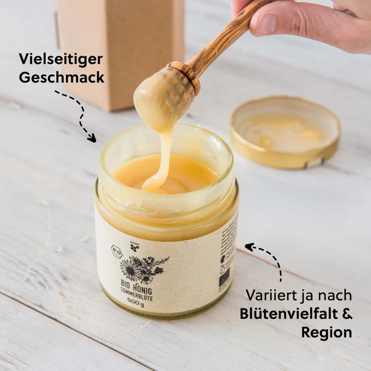 Vielseitiger Genuss für jeden Moment=>Sommerblütenhonig passt perfekt zum Frühstück, Tee, Desserts, Salatdressings, Käse oder auch als feine Zutat in Marinaden – und verleiht jedem Gericht eine natürliche, blumige Süße.
