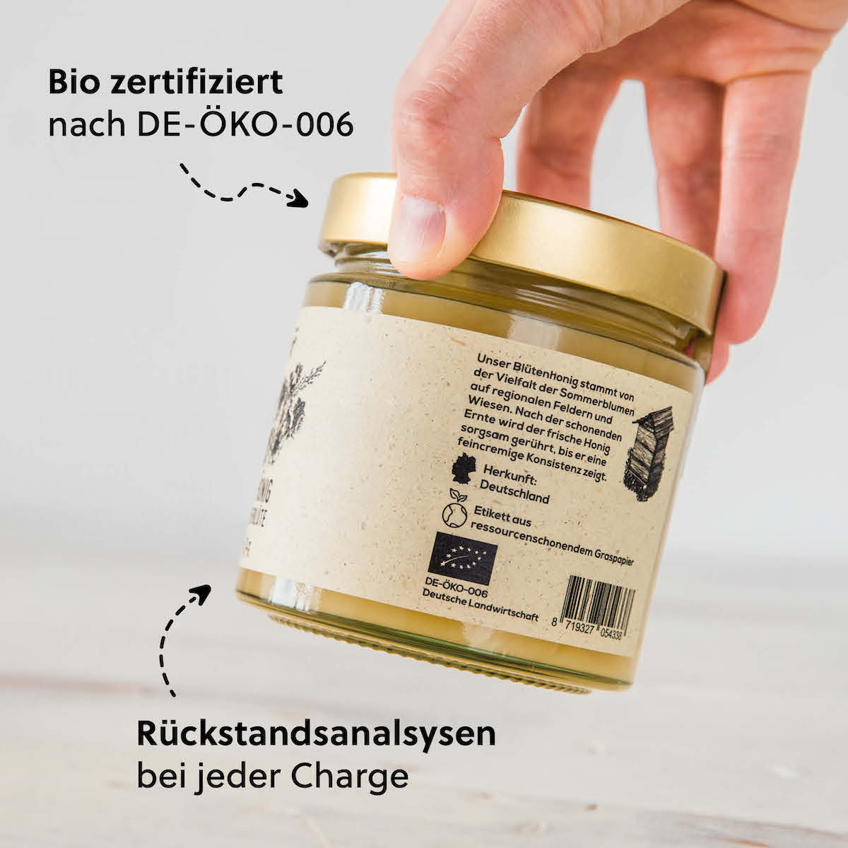 Unser Qualitätsversprechen=>Jede Charge wird in einem für Bienenprodukte spezialisierten Labor in Deutschland auf Pestizide und Schwermetalle analysiert.