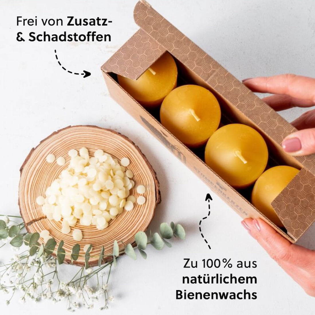 Die natürliche Alternative=>Stumpenkerzen aus Bienenwachs sind eine umweltfreundliche Alternative zu herkömmlichen Kerzen, welche meist aus Paraffin sind und Farb- und Duftstoffe enthalten.