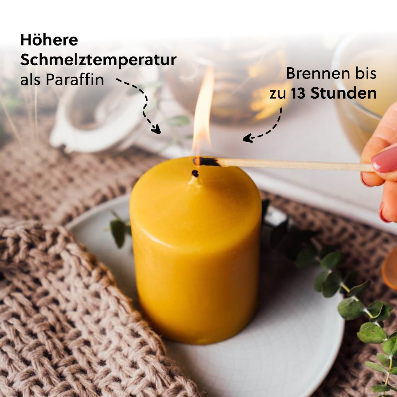 Lange Brenndauer=>Bienenwachs hat eine höhere Schmelztemperatur als Paraffinwachs, was dazu beiträgt, dass es länger brennt und nicht so schnell schmilzt.