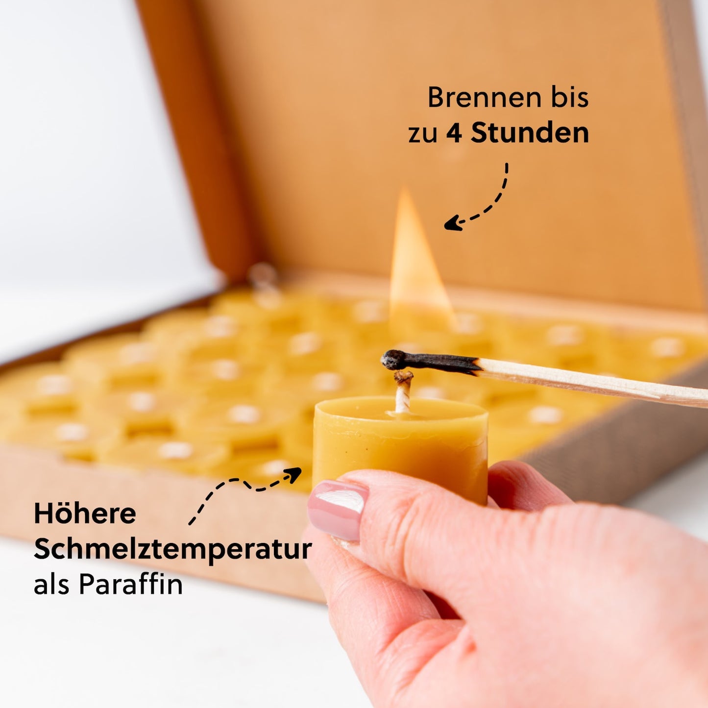 Lange Brenndauer=>Bienenwachs hat eine höhere Schmelztemperatur als Paraffinwachs, was dazu beiträgt, dass es länger brennt und nicht so schnell schmilzt.