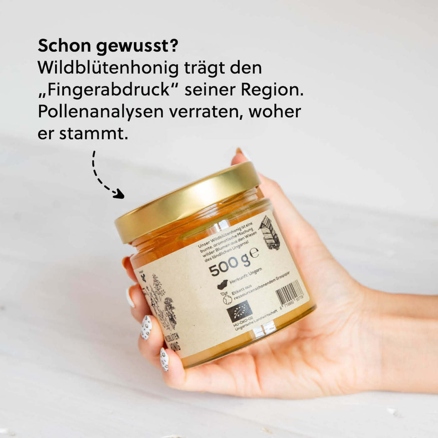 Schon gewusst?=>Wildblütenhonig ist wie ein natürlicher Fingerabdruck der Umgebung. Anhand von Pollenanalysen im Honig können Experten tatsächlich bestimmen, aus welcher Region er stammt.