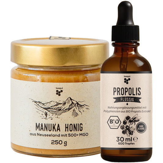 Das Beste von der Biene=>Die natürliche Kombination aus Propolis Tinktur und Manuka Honig, die in keinem Familienhaushalt fehlen darf.