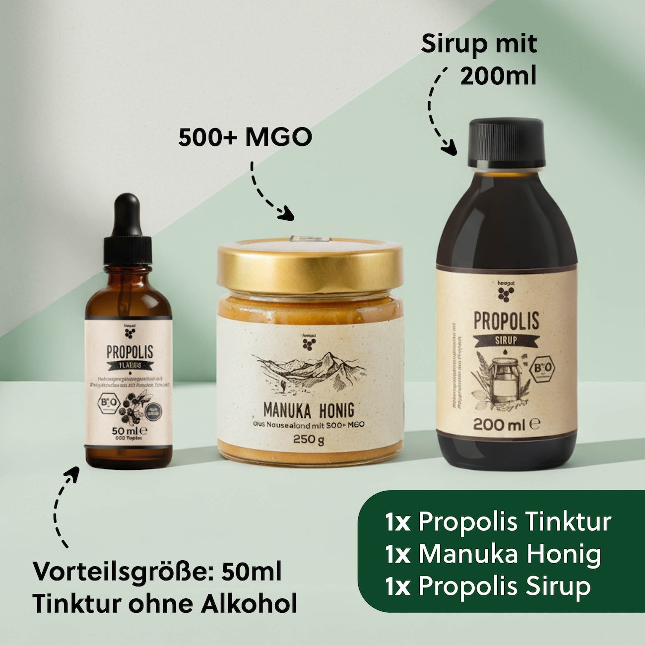 Das steckt Starter-Set=>Lieferumfang: 50ml Bio Propolis Tinktur ohne Alkohol, 250g Manuka Honig MGO 500+, 200ml Bio Propolis Sirup.